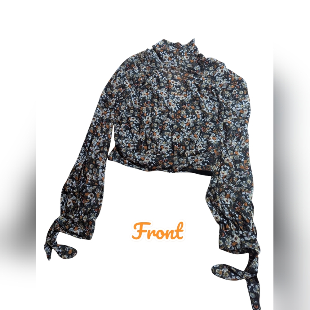 FREE PEOPLE "All Dolled Up" Green Floral Sheer Lined Boho Crop Top Size XS *GUC - Picture 2 of 13